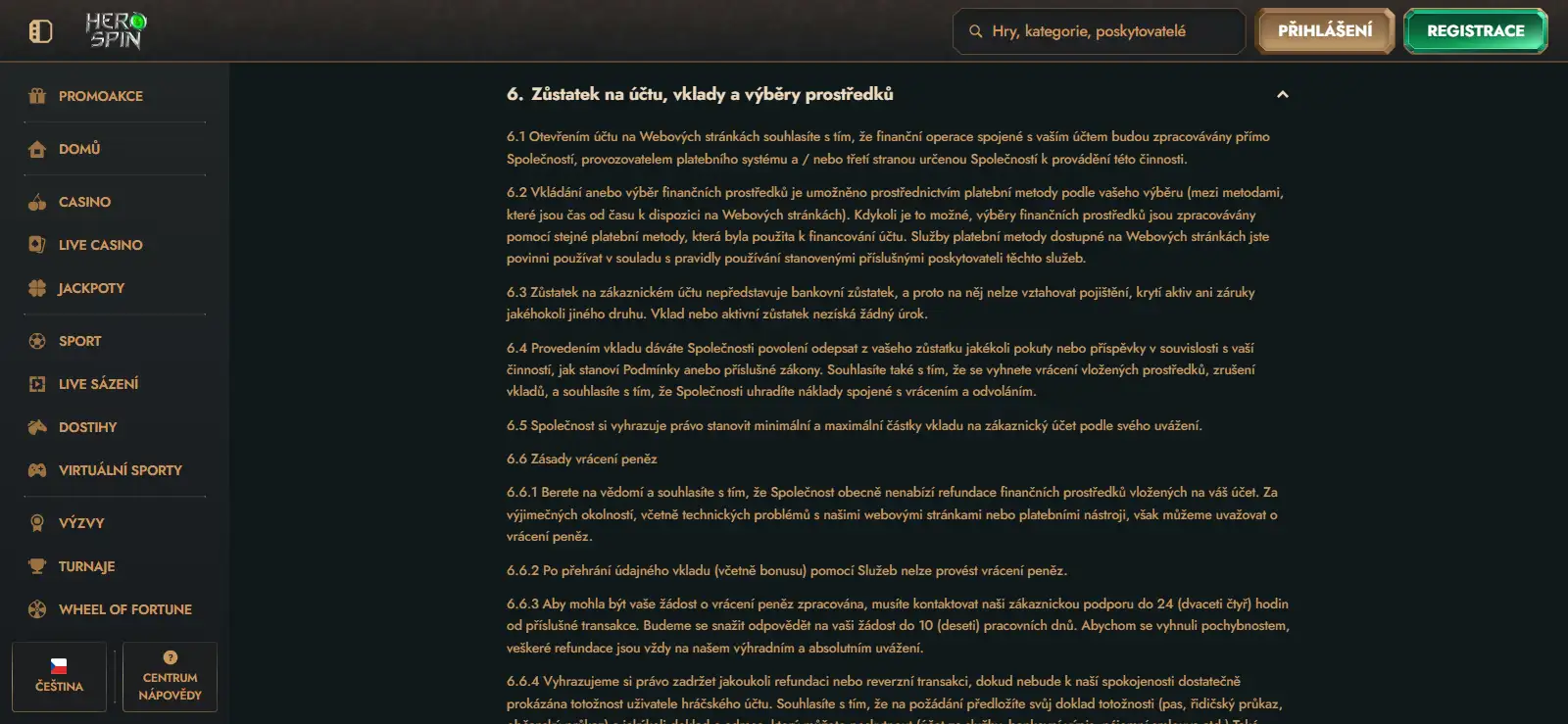Oficiální podmínky Herospin s částí o výběrech a limitech