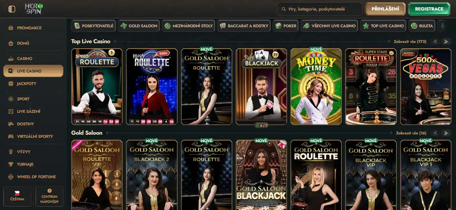 Oficiální Herospin live casino s kategoriemi a herními tituly