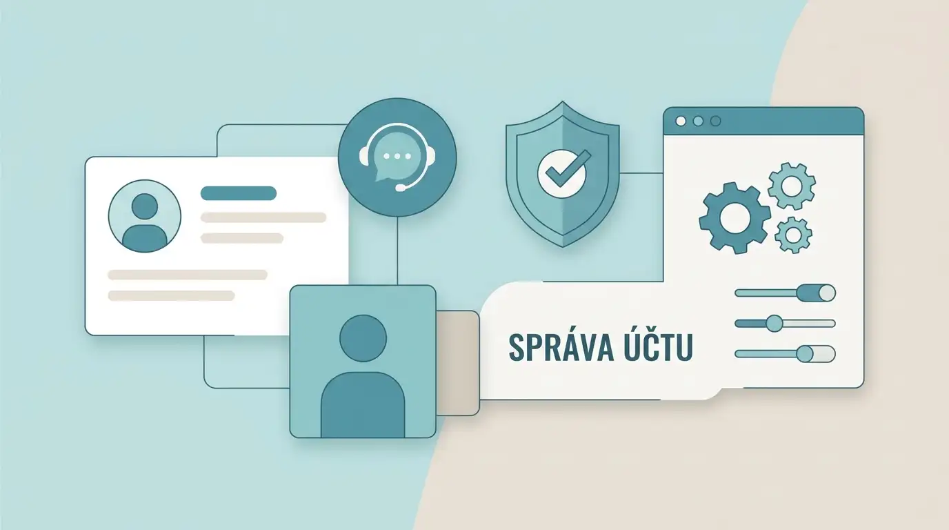 Ilustrace správy online účtu se symbolem profilu, podpory a bezpečnostní kontroly
