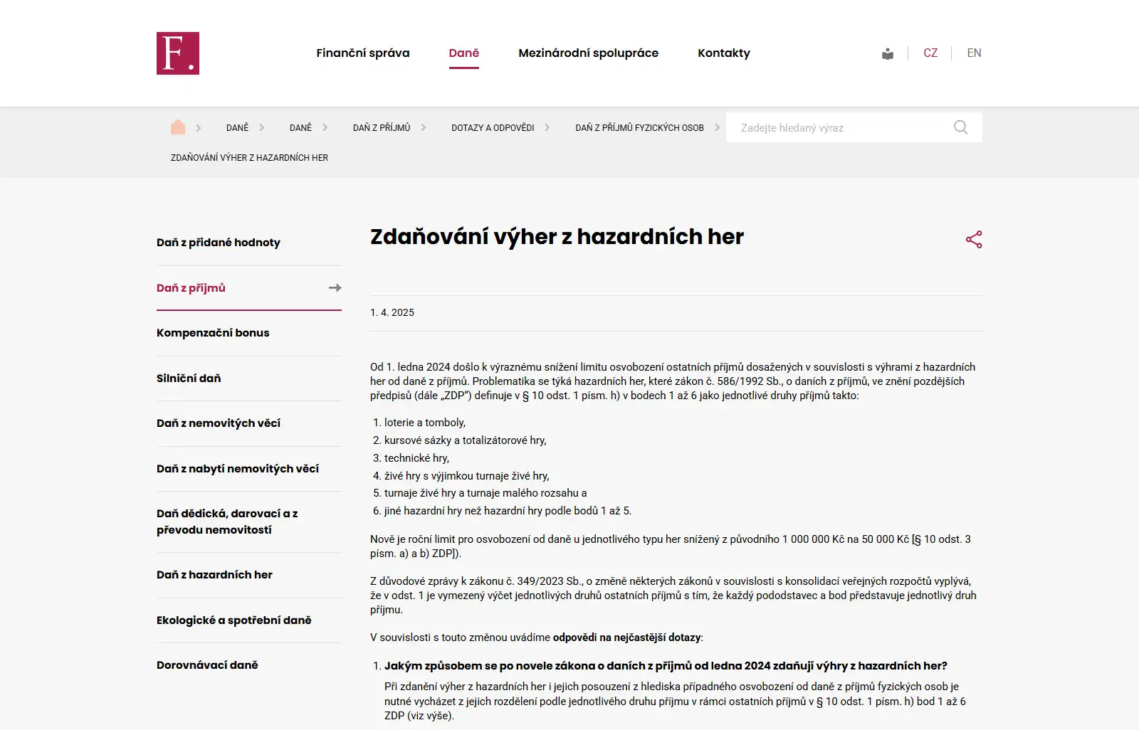 Oficiální stránka Finanční správy o zdanění výher z hazardních her v České republice