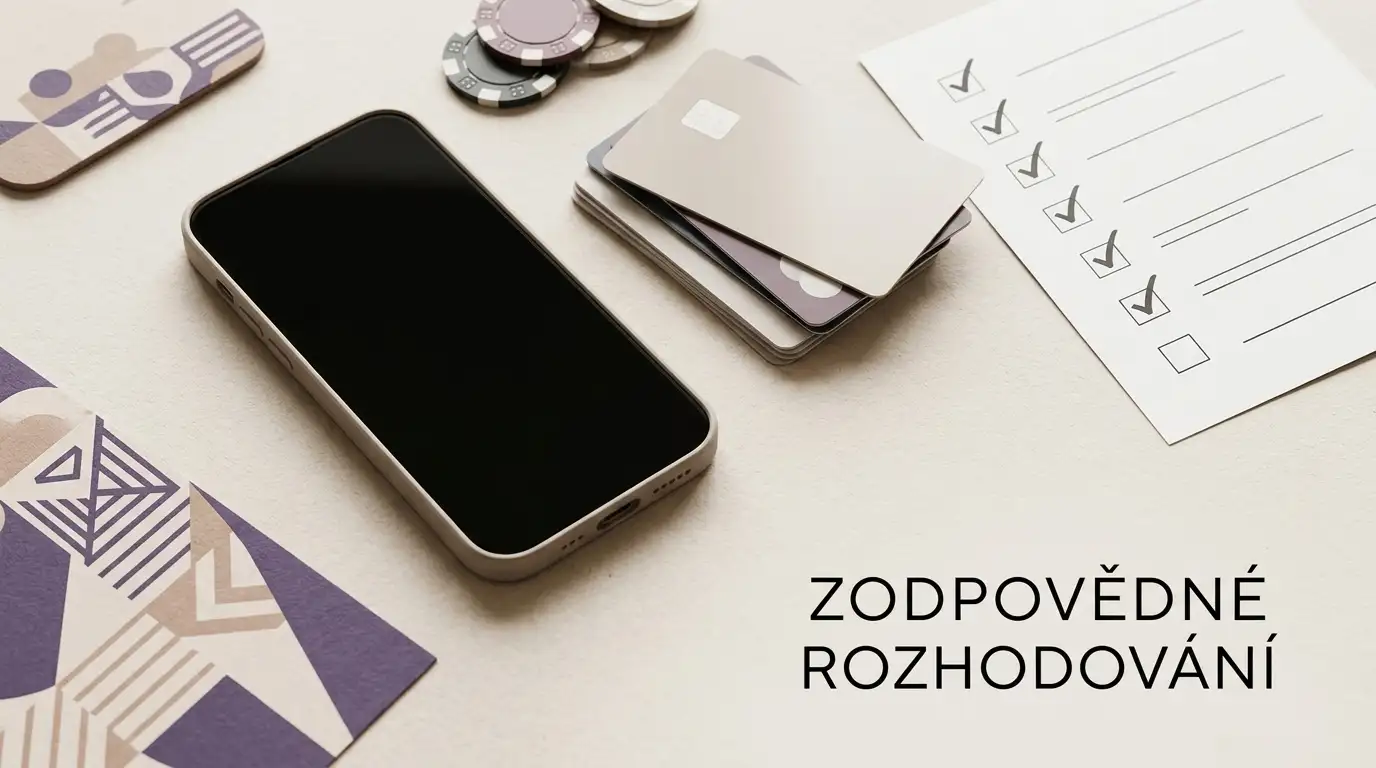 Neutrální ilustrace rozhodování českého hráče mezi bonusy, platbami, hrami a ověřením podmínek